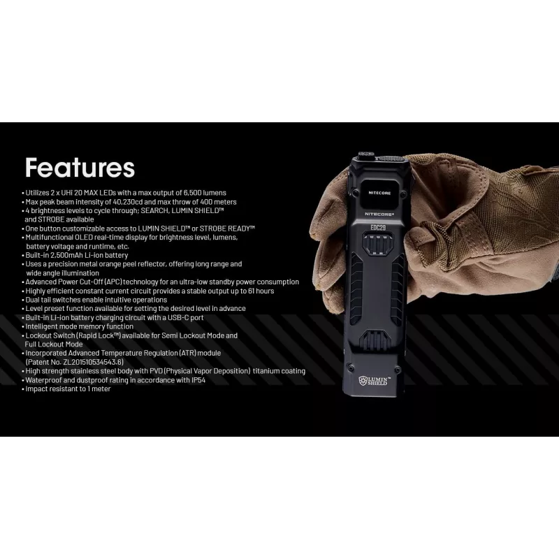 Handleuchte Nitecore EDC29 Edelstahlgehäuse, 2 LEDs, 15–6500 lm, IP54, USB wiederaufladbar