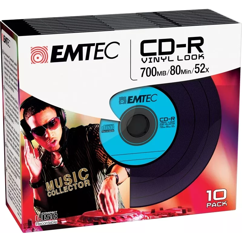 EMTEC Vinyl Look - 10 x CD-R - 700 MB (80 Min) 52x - Blau, Gelb, Flieder, Grün, Pink - Slim Jewel Case