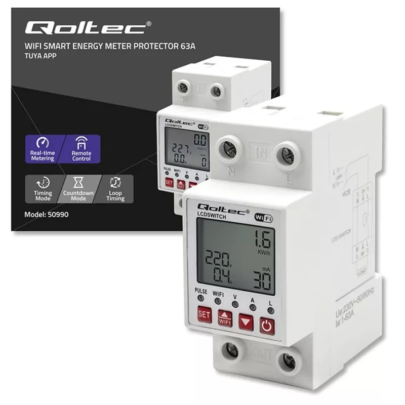 Hutschienen-WLAN-Relais QOLTEC 50990, einkanalig, 63A Schaltleistung für Stromzählung und Fernsteuerung
