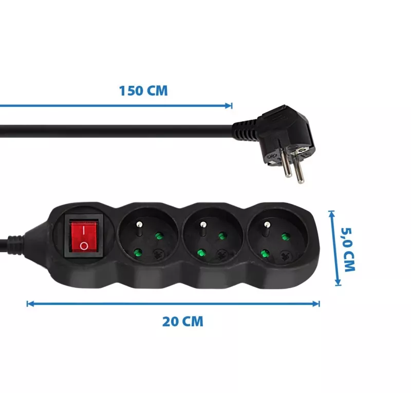 Stromverlängerungskabel ESPERANZA ELK210K — 1,5 m Kabel, 3 AC-Steckdosen Typ E, abgewinkelter Stecker, innen, schwarz