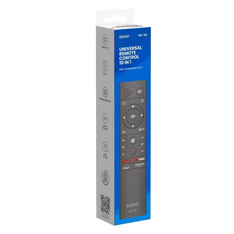 SAVIO TV-Fernbedienung RC-22 — IR, kabellos, universell, 20 Tasten, 10 m Reichweite, USB‑C, schwarz