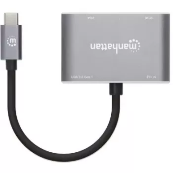 Manhattan USB-C Dock/Hub, Anschlüsse (x4): HDMI, USB-A, USB-C und VGA, mit Power Delivery (PD) 87W – externes USB-C-Ladegerät erforderlich (nicht im Lieferumfang). USB-betrieben (kein externes Netzteil erforderlich), wenn PD nicht verwendet wird, Aluminium