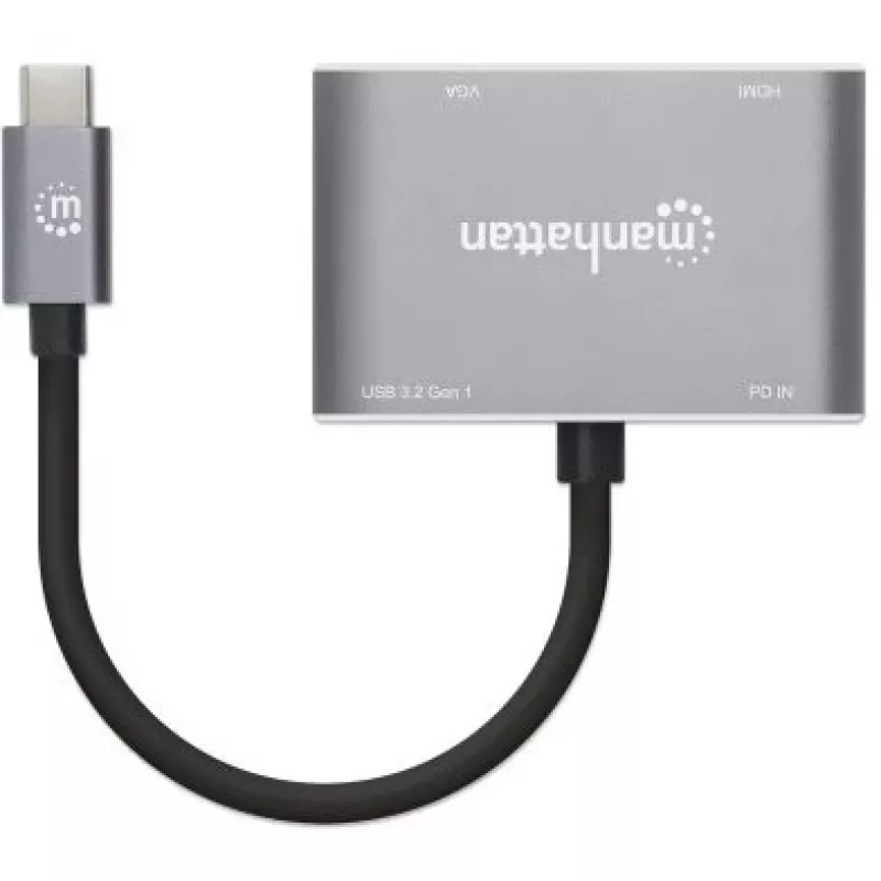 Manhattan USB-C Dock/Hub, Anschlüsse (x4): HDMI, USB-A, USB-C und VGA, mit Power Delivery (PD) 87W – externes USB-C-Ladegerät erforderlich (nicht im Lieferumfang). USB-betrieben (kein externes Netzteil erforderlich), wenn PD nicht verwendet wird, Aluminium