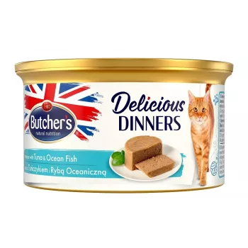 Nassfutter für Katzen butcher's Delicious Dinners Mousse mit Thunfisch und Meeresfisch, Dose 85 g, adult, zucker- und glutenfrei