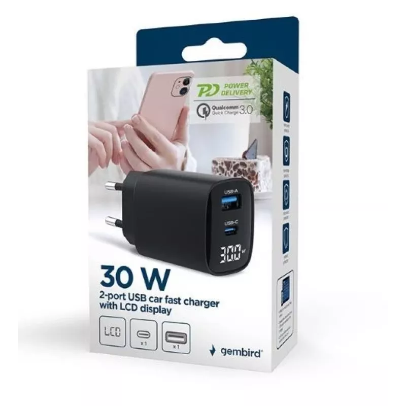 Mobiles Ladegerät Gembird TA-UC-PDQC30LCD-BK-01 Schnellladung Schwarz