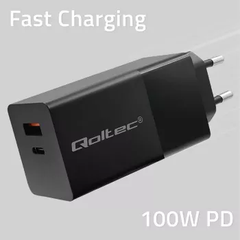 Qoltec 52382 GaN POWER PRO Ladegerät | 1xUSB Typ C | 1xUSB A | 100W | 5-20V | 1.5-5A | PD | Schwarz
