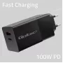Qoltec 52382 GaN POWER PRO Ladegerät | 1xUSB Typ C | 1xUSB A | 100W | 5-20V | 1.5-5A | PD | Schwarz