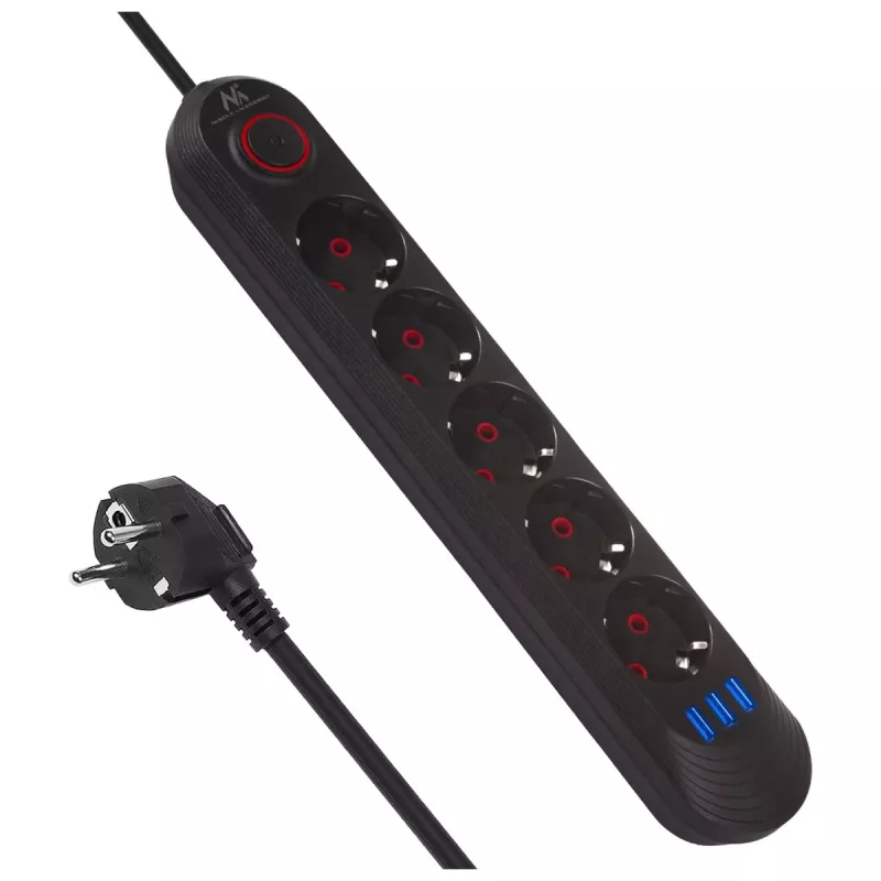 Steckdosenleiste MACLEAN MCE395 B — 5 Steckdosen, 3×USB, 110–240V AC, 2,1A USB, 2500W, 1,5 m Kabel, schwarz