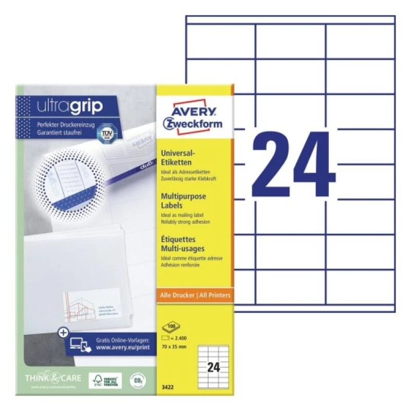 Universaletiketten 70x35mm InkjetLaserCopy A4 100 Blatt 2400 Stück Weiß