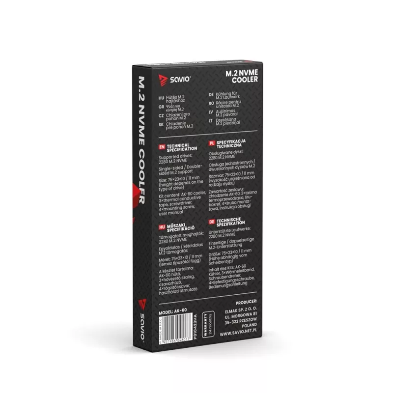 Luftkühler SAVIO M.2 NVMe 2280 AK-60 Schwarz Kühlkörper für 22x80 mm SSD
