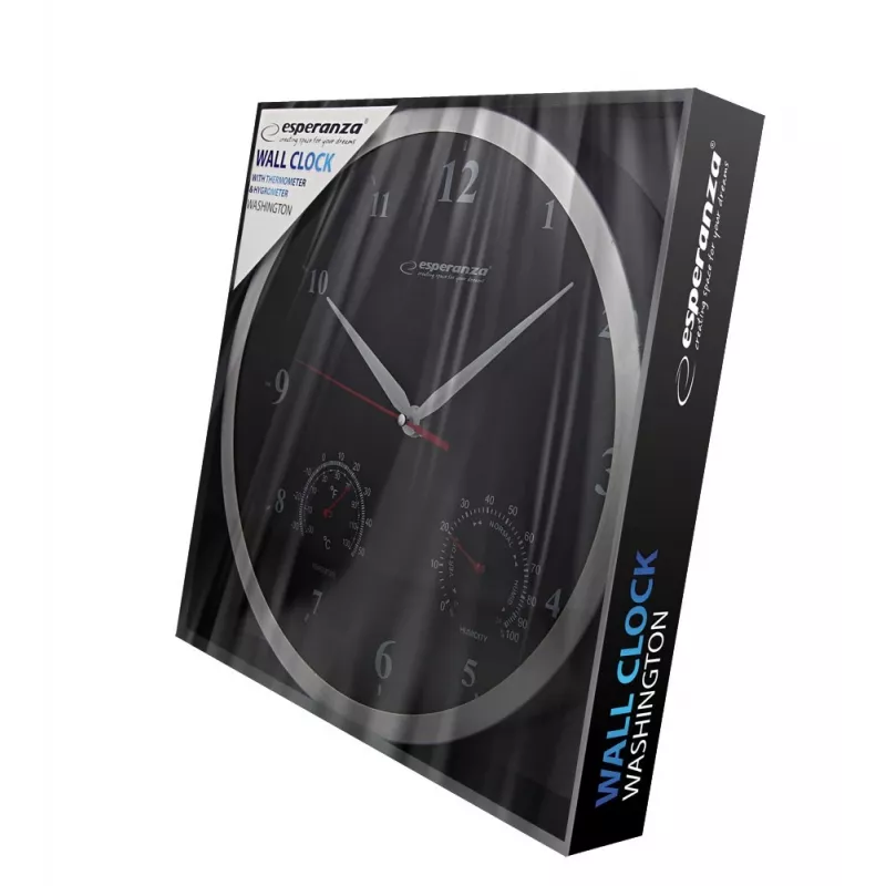 Wanduhr ESPERANZA Washington EHC008K — analog, rund, 30 cm Durchmesser, schwarz, Kunststoffgehäuse, Glasabdeckung