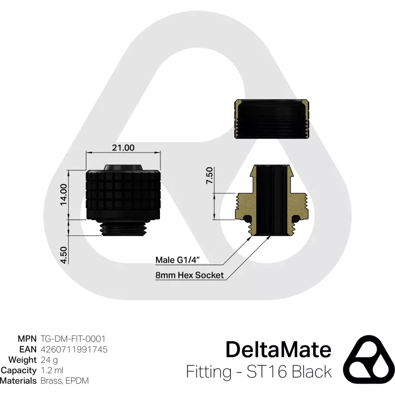 Thermal Grizzly DeltaMate Fitting ST16 Anschluss, schwarz — Montageadapter für ST16-Anschlüsse