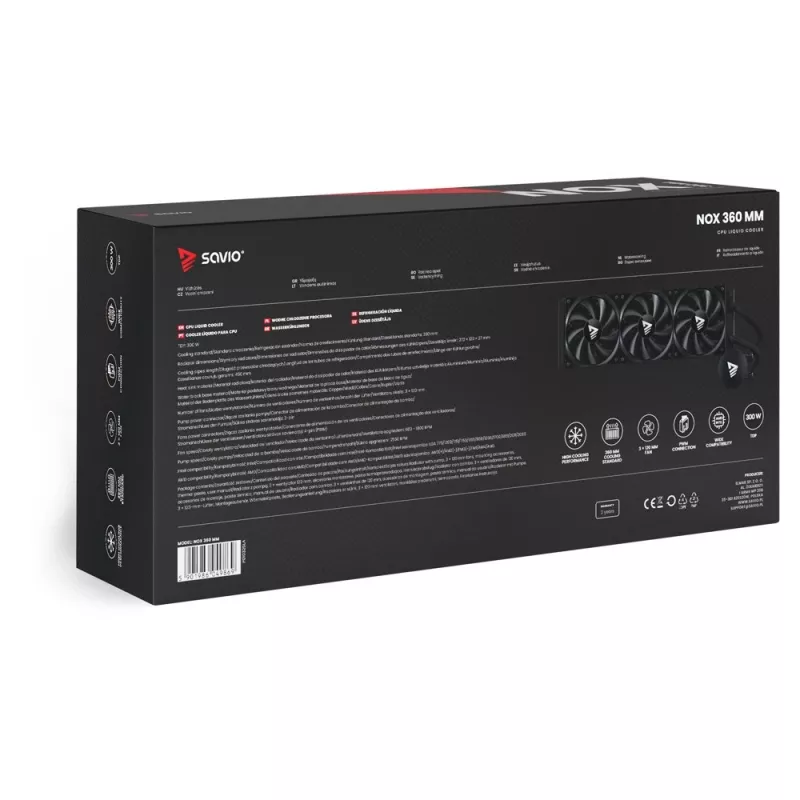 Flüssigkeitskühlungsset SAVIO NOX 360 mm (3×120-mm-Lüfter, Kupferboden, Aluminium-Radiator) Schwarz, 600–1800 U/min