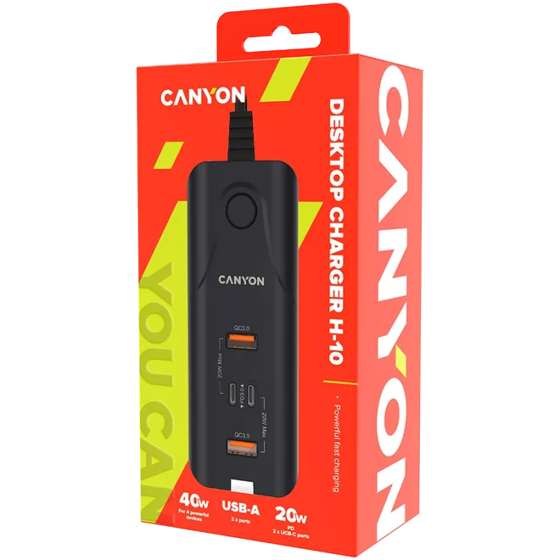 CANYON Ladegerät H-10 PD 20W QC 3.0 18W 2USB-A 2USB-C Tisch Schwarz