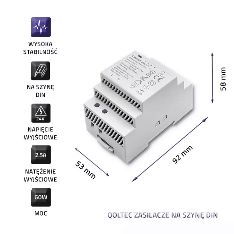 Hutschienen-Netzteil QOLTEC 24V 2.5A 60W grau