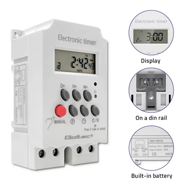 Elektronischer DIN-Schienen-Zeitschalter QOLTEC PC0629 — 24V Versorgung, 16A Ausgang