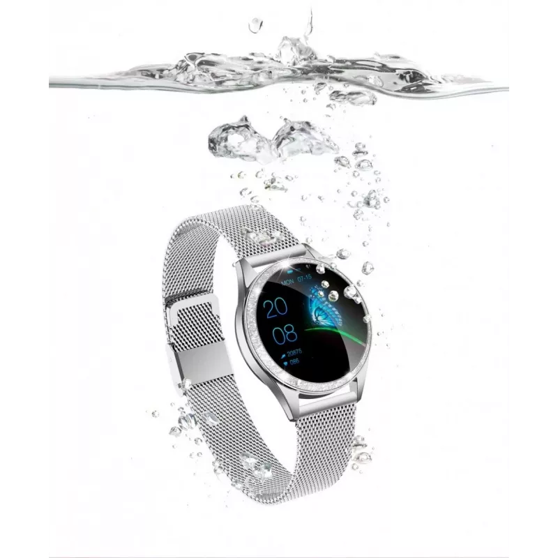 Smartwatch ORO-MED ORO-SMART CRYSTAL SILVER — rundes Metallgehäuse, LCD 240 × 198, 1,04 Zoll Display, Bluetooth 4.0, wasserdicht, 120 mAh Batterie