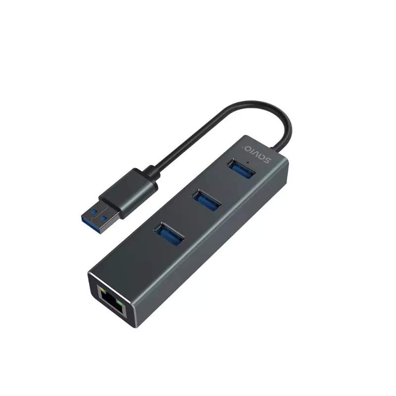 SAVIO USB-A-Hub mit RJ-45 Gigabit Ethernet AK-57 — 3× USB-A + RJ-45, USB 3.2 Gen 1 Micro‑B Host, 5 Gbit/s, 4 Ports, grau