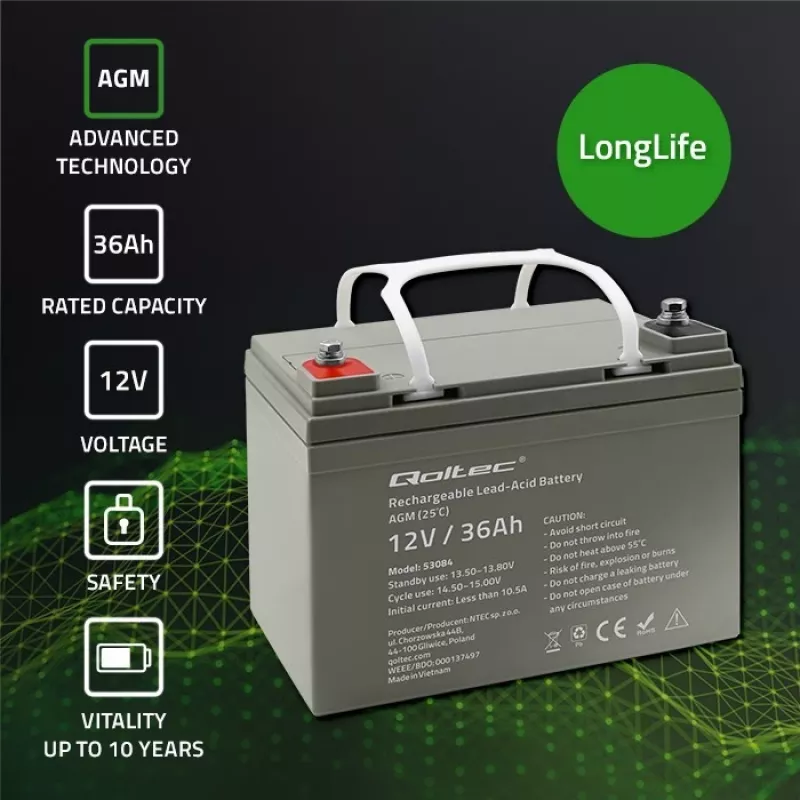 Versiegelte AGM-USV-Batterie QOLTEC 53084 12V 36Ah LongLife