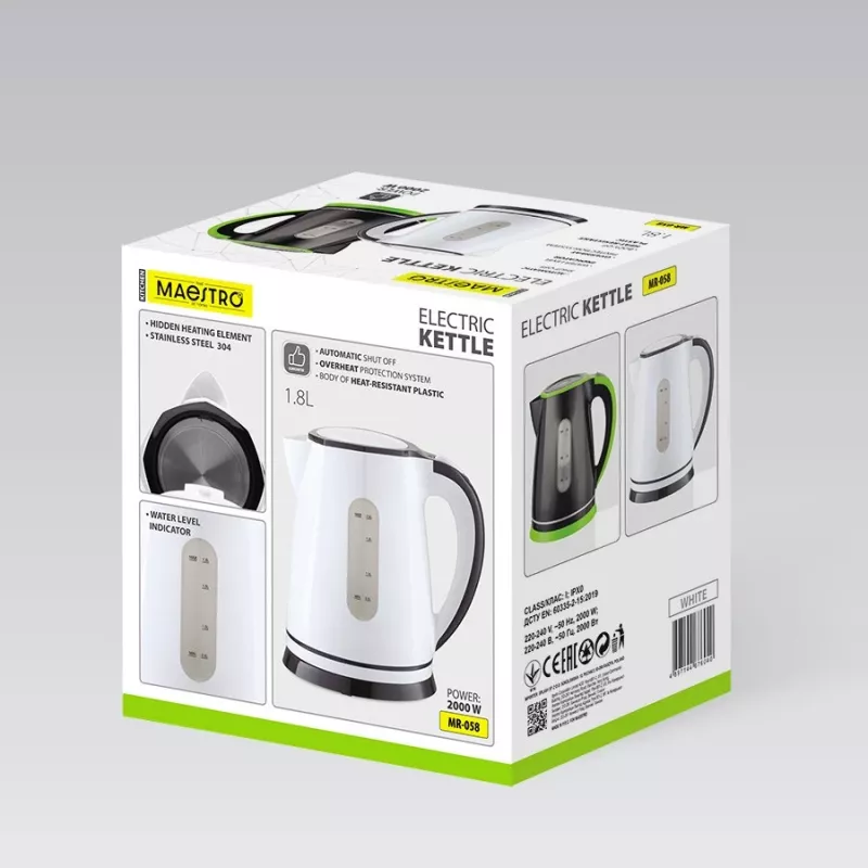 Elektrischer Wasserkocher Maestro MR-058-WHITE 1,8 L, 2000 W, kabellos, herausnehmbarer Filter