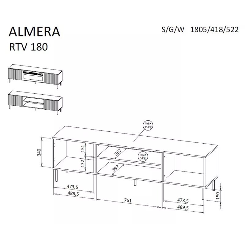 TV-Schrank Cama ALMERA 180,5×42×52,5 cm Nussbaum/Cashmere – Spanplattenoberfläche, Nussbaum-Rahmen