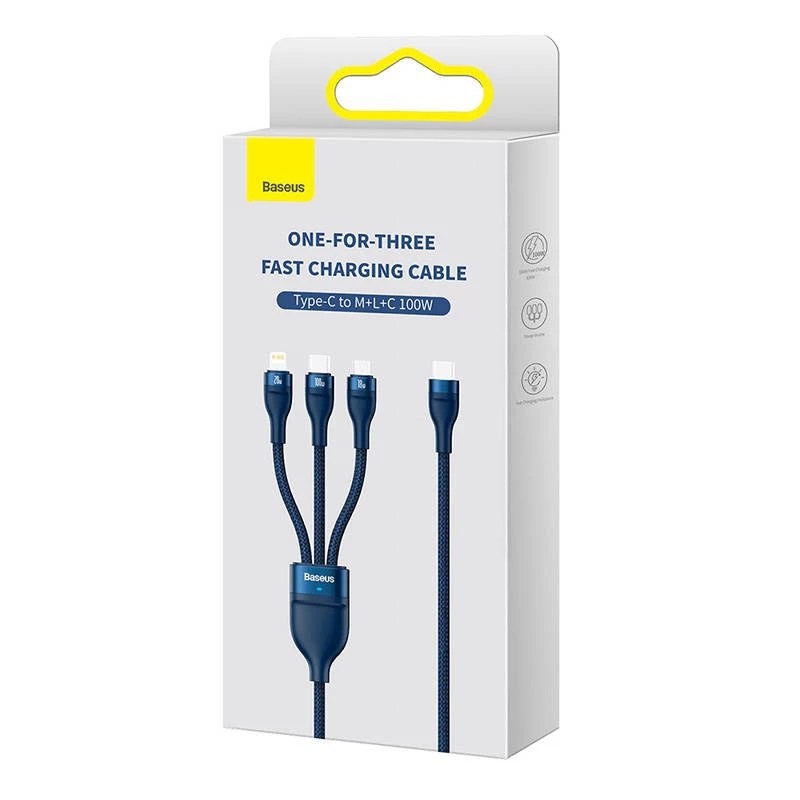 3in1 USB-Kabel Baseus Flash Series 2, USB-C + Micro-USB + Lightning, 100 W, 1,5 m (blau)