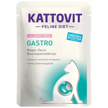 KATTOVIT gastro veterinary dry cat food 85 g — Rice & Salmon, adult, gluten-free, 8% protein