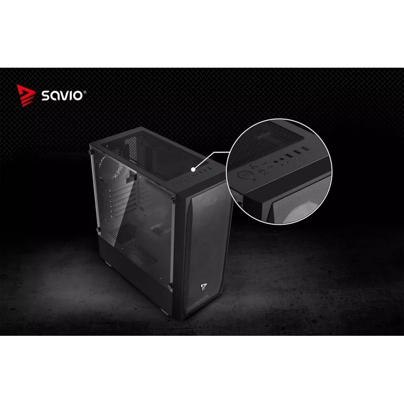 PC-Gehäuse SAVIO Noctis Flow — Cube Mini‑ITX/Micro‑ATX/ATX, 3x120mm vorne, 1x120mm hinten, 2x3,5 Zoll + 3x2,5 Zoll Einschübe, gehärtetes Glas