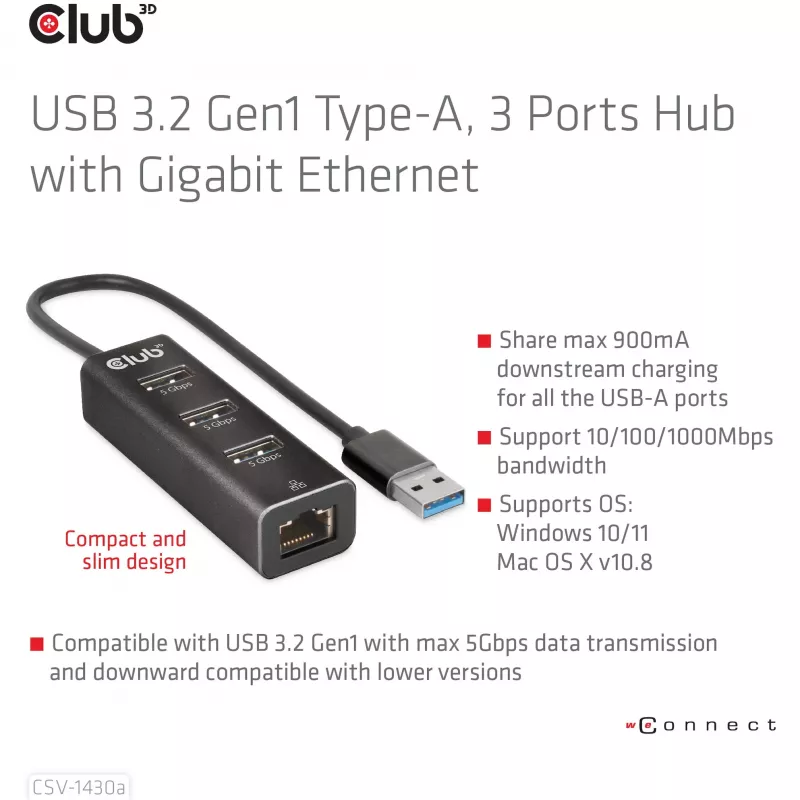 USB-Hub CLUB3D USB 3.2 Gen1 Type-A mit 3 Anschlüssen und Gigabit-Ethernet