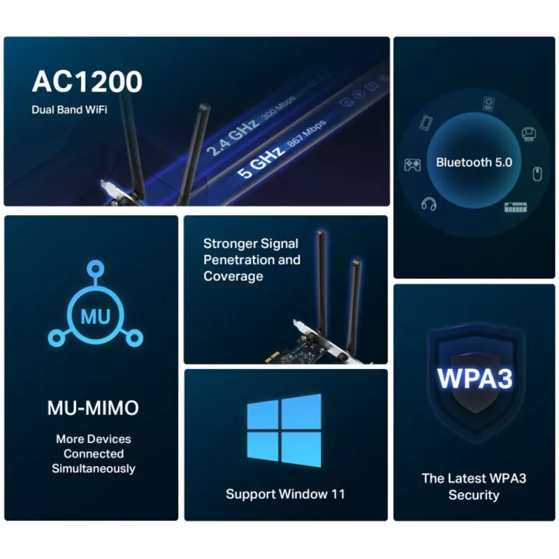 Mercusys AC1200 Wi-Fi Bluetooth PCIe-Adapter MA30E Dualband