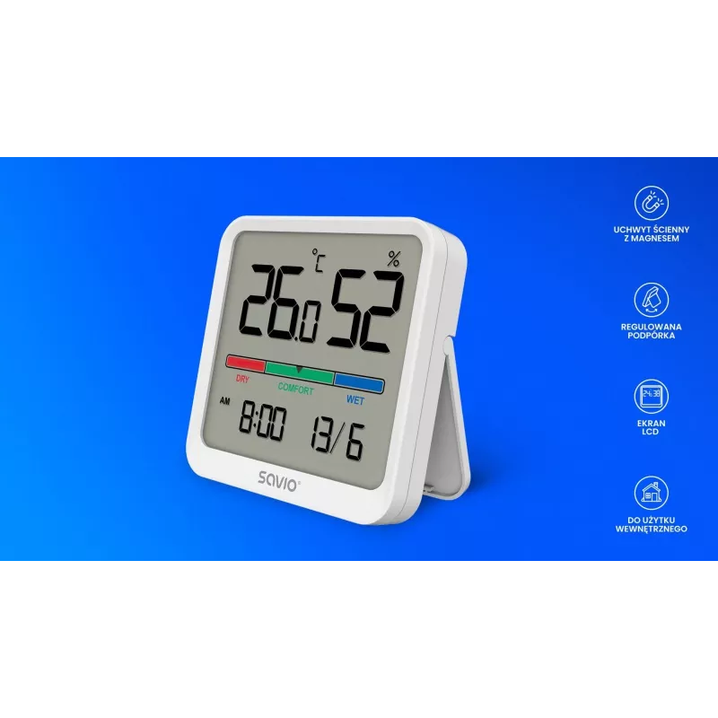 Innenraum-Temperatur- und Feuchtigkeitssensor SAVIO CT-01/W, LCD-Anzeige, -10–55 °C, 10–99 % rF, Batterie CR2032