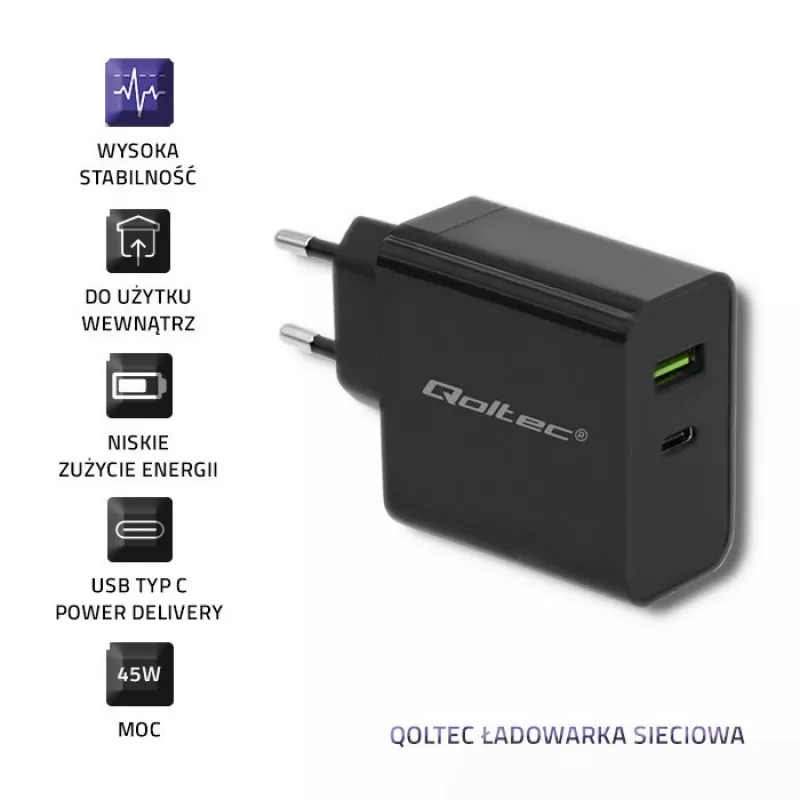 Netzteil QOLTEC 51717 45W 20V 3A AC Ladegerät für Innenräume für Smartwatch, schwarz