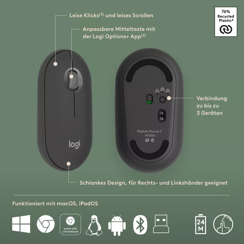 Logitech Pebble 2 Combo Wireless Keyboard Mouse QWERTZ Deutsch Graphit