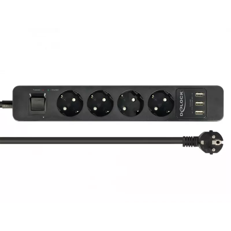 Power Extension DeLOCK 11209 1.5m 4 AC Outlets Indoor Schwarz