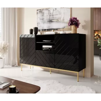 ABETO Kommode auf goldfarbener Stahlrahmen 150x42x90 schwarz/schwarz glänzend