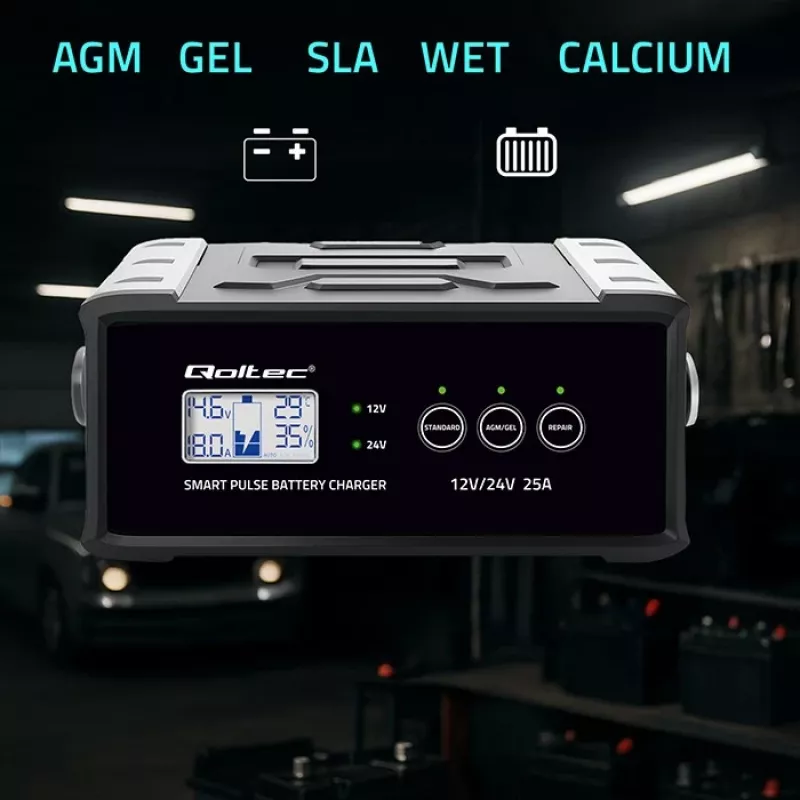 Batterieladegerät QOLTEC 52514 — 12V/24V, 25A, für AGM/GEL/SLA-Batterien mit LCD-Anzeige