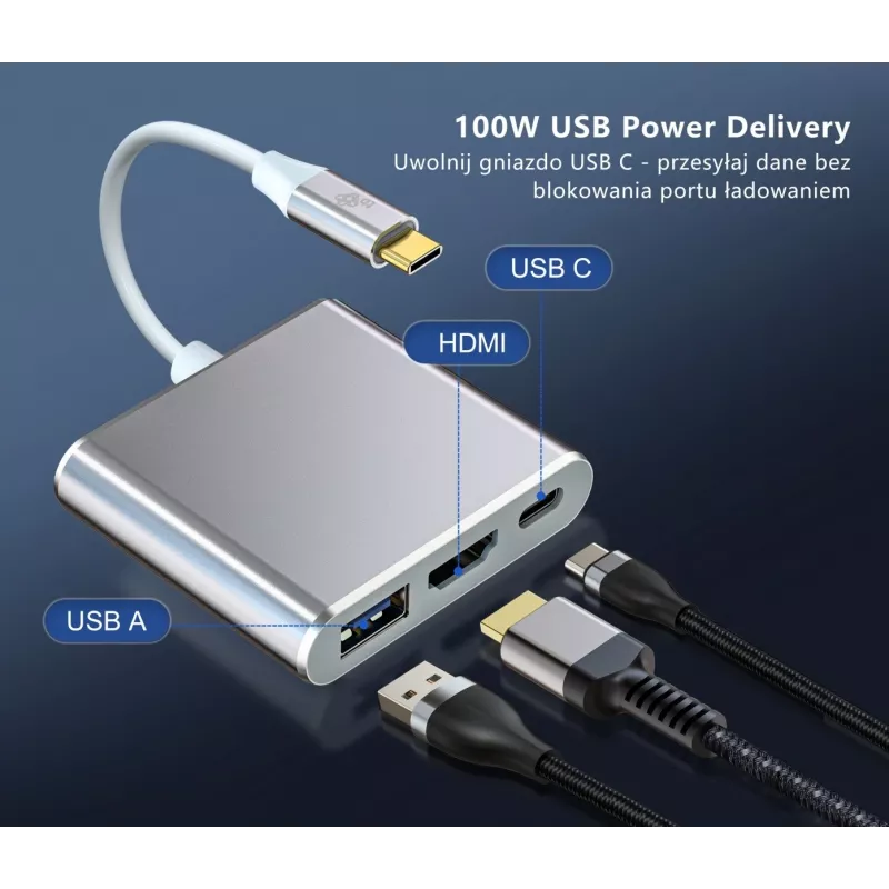 USB-C-Adapter-Hub TB AKTBXVAU3HMPDAV — 3-in-1: HDMI + USB-A + USB-C PD, Silber