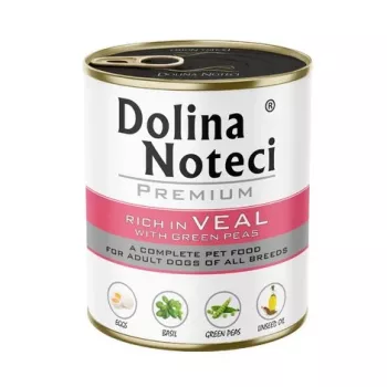 Nassfutter für Hunde Dolina Noteci Premium Kalbfleisch mit grünen Erbsen, 800 g, 78% Feuchtigkeit, 12% Protein