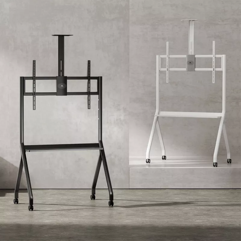 Boden-TV-Ständer MACLEAN MC-114 W für Displays 55 Zoll–100 Zoll, weiß, VESA bis zu 900x600, maximale Belastung 120 kg, Höhe 115–152 cm, Ablage