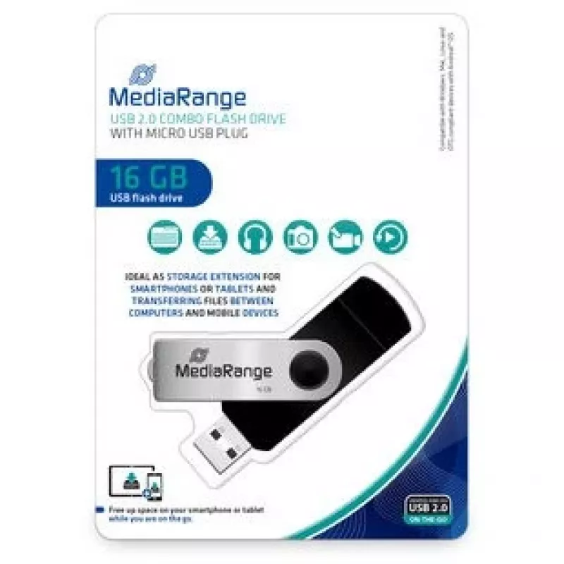 MEDIARANGE MR931-2 - 16 GB - USB Typ-A / Micro-USB - 2.0 - 15 MB/s - Drehring - Silber - Schwarz