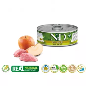 Nassfutter für Katzen Farmina N&D Prime Boar & Apple Beutel 70 g — ausgewachsene Katzen, 13% Protein, 75% Feuchtigkeit, glutenfrei