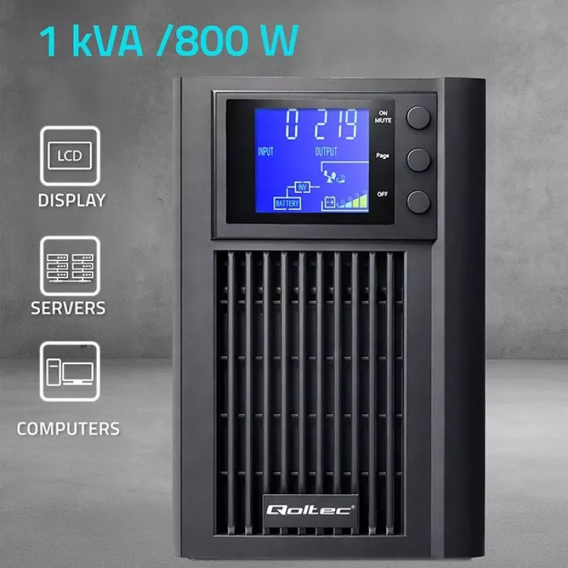 UPS QOLTEC Pure Sine Wave 1kVA 800W mit AVR und LCD-Anzeige