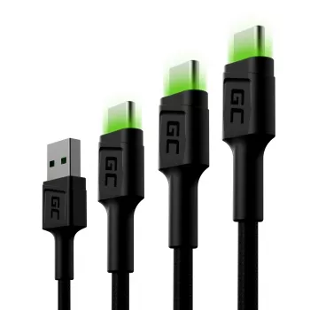 Green Cell GC Ray KABGCSET01 USB-A-auf-USB-C-Kabelset, 3 Stück (30 cm, 120 cm, 200 cm), grüne LED, Schnellladen QC 3.0, schwarz