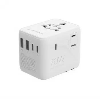 Reiseadapter GEMBIRD TPA-2A3C70-01-W – Steckertyp I, 3× USB-C (70 W), 2× USB-A (18 W), 100–250 V, weiß