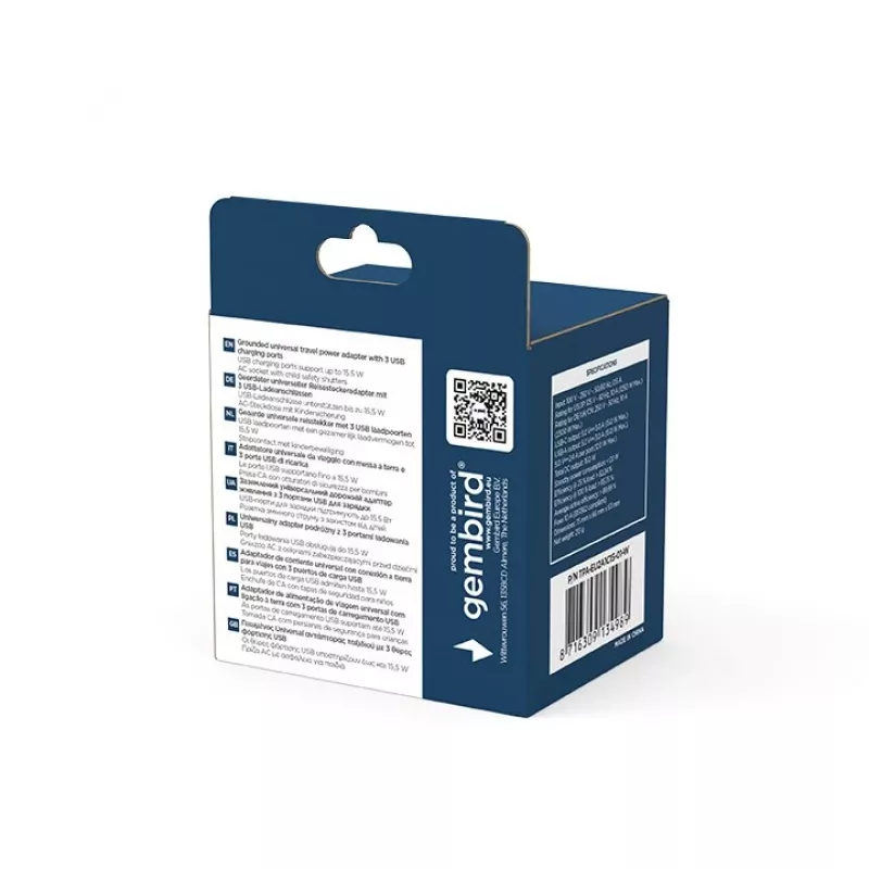 Reiseadapter GEMBIRD TPA-EU2A1C15-01-W – 15W, Typ-E-Stecker, 2× USB-A + 1× USB-C, 100–250V