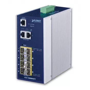 Managed-Netzwerk-Switch PLANET IGS-10080MFT — 2 x Gigabit RJ-45, 8 x SFP, 12–48V DC, Managed, IP30