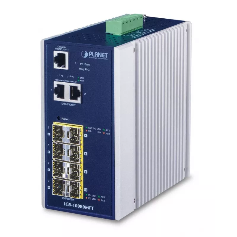 Managed-Netzwerk-Switch PLANET IGS-10080MFT — 2 x Gigabit RJ-45, 8 x SFP, 12–48V DC, Managed, IP30