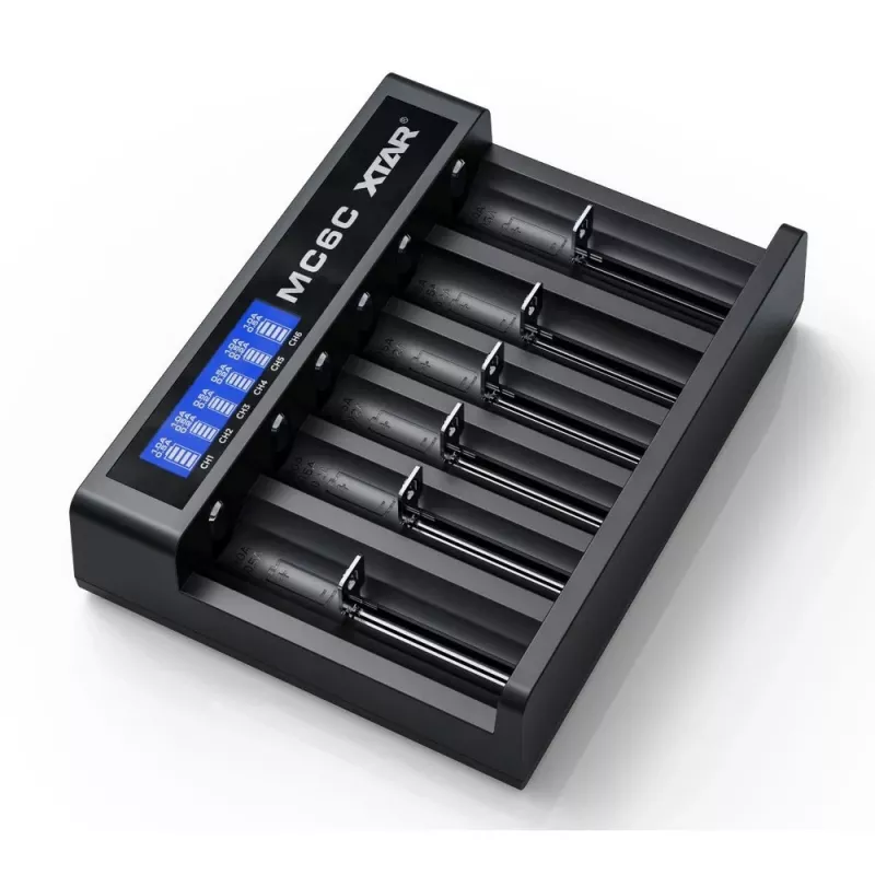 XTAR MC6C Ladegerät Multi-Slot intelligentes Ladegerät für zylindrische Li-Ion-Zellen, 6 Schächte, unterstützt 18650/21700/AA, 5V Eingang, schwarz