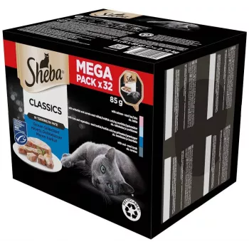 Nassfutter für Katzen Schale Sheba Pate — Weißfisch / Fisch / Lachs / Thunfisch, 32×85 g, 10 % Protein, 81 % Feuchtigkeit
