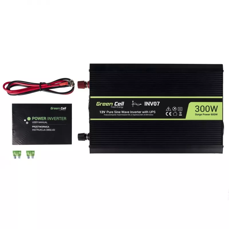 Spannungswandler Grün Cell INV07, DC 12 V auf AC 230 V, 300 W, 50 Hz, Typ-C-Stecker, schwarz